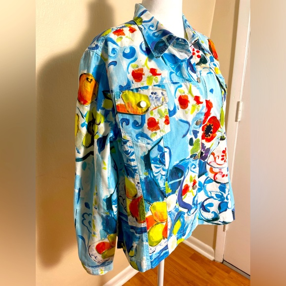 Vintage 3 Sisters Jacket 100% Cotton  Blue Colorful Textures Floral USA size XL - Picture 5 of 15